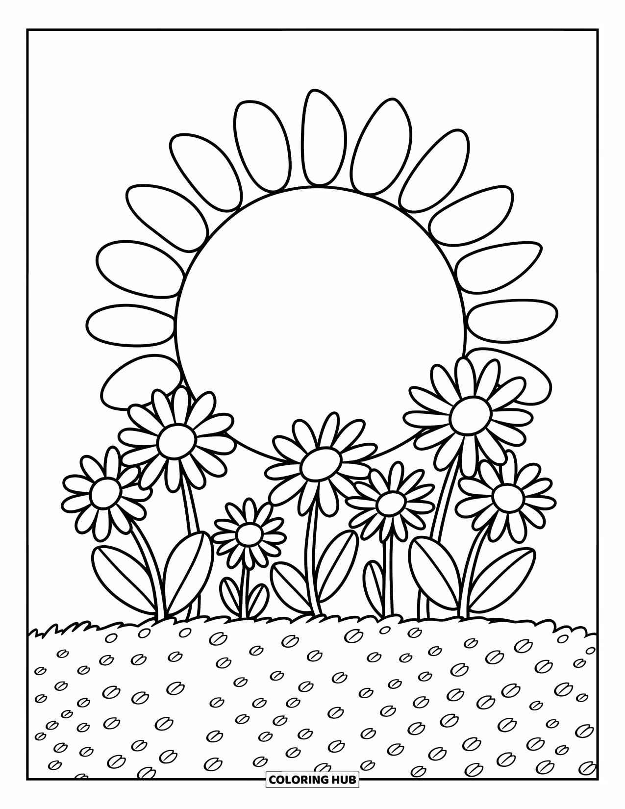 Dibujo de plantas para colorear para niños: Rayos de sol brillan sobre margaritas que crecen en tierra suave
