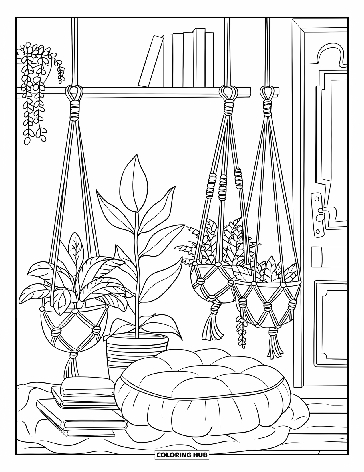Dibujo de plantas para colorear para niños: Tres plantas colgantes decoran un dormitorio acogedor con un cojín de suelo y libros