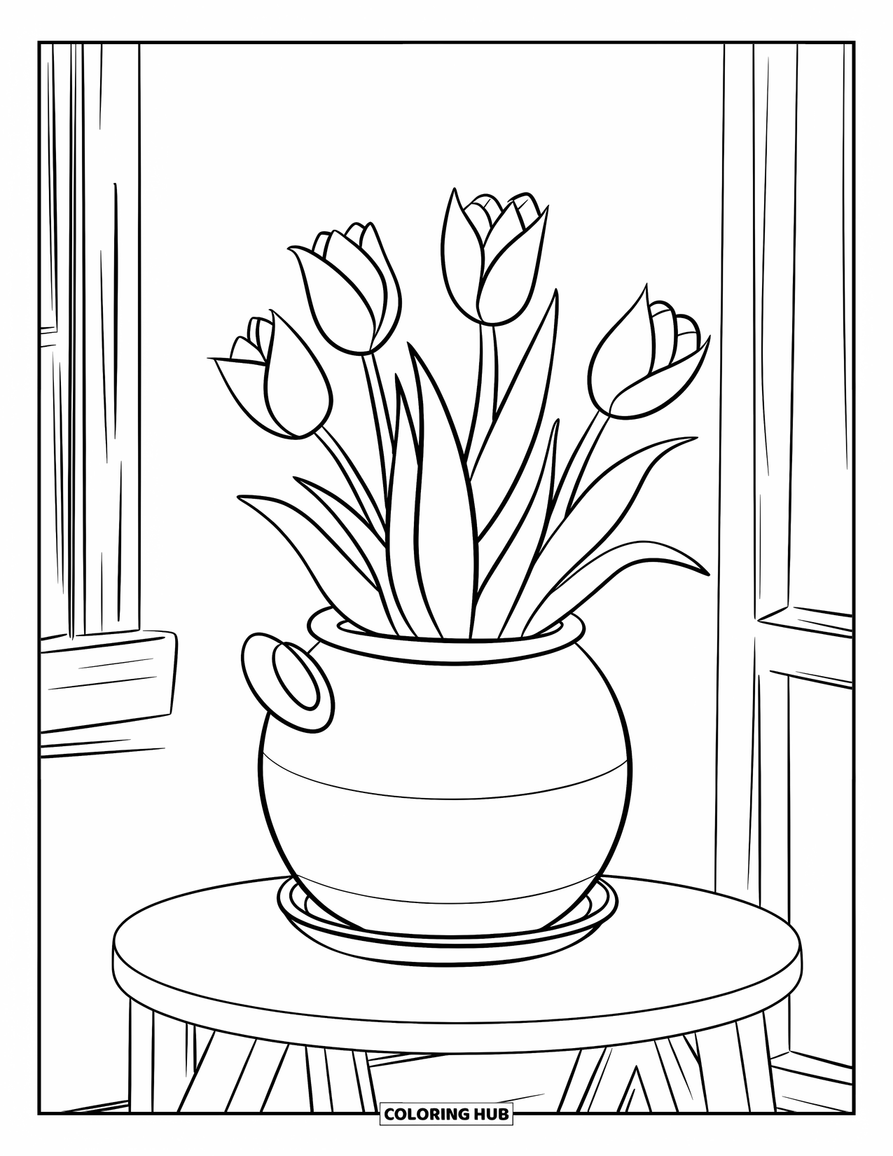 Dibujo de plantas para colorear para niños: Tulipanes florecen de una maceta con asa sobre una mesa de madera