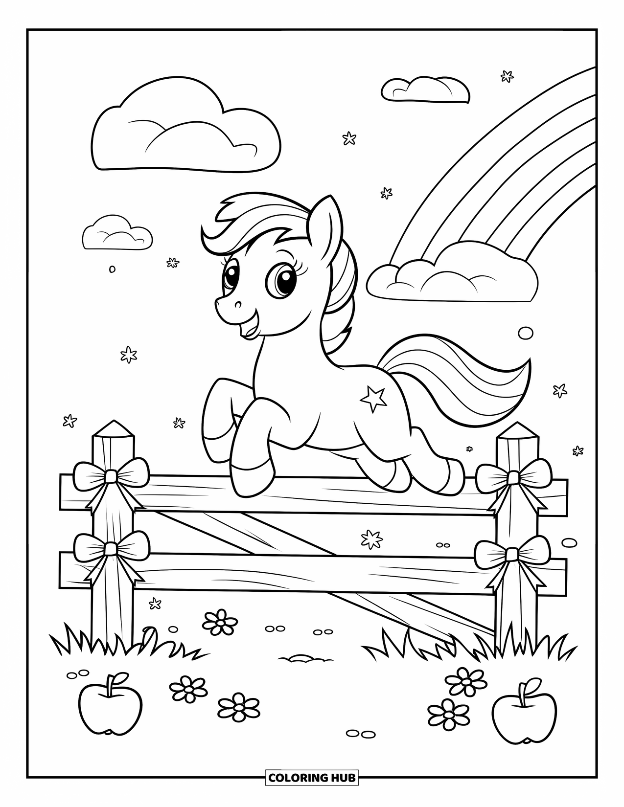 Coloriage de poney pour adultes : Un poney joyeux saute par-dessus une clôture avec des étoiles, des nœuds et un arc-en-ciel derrière