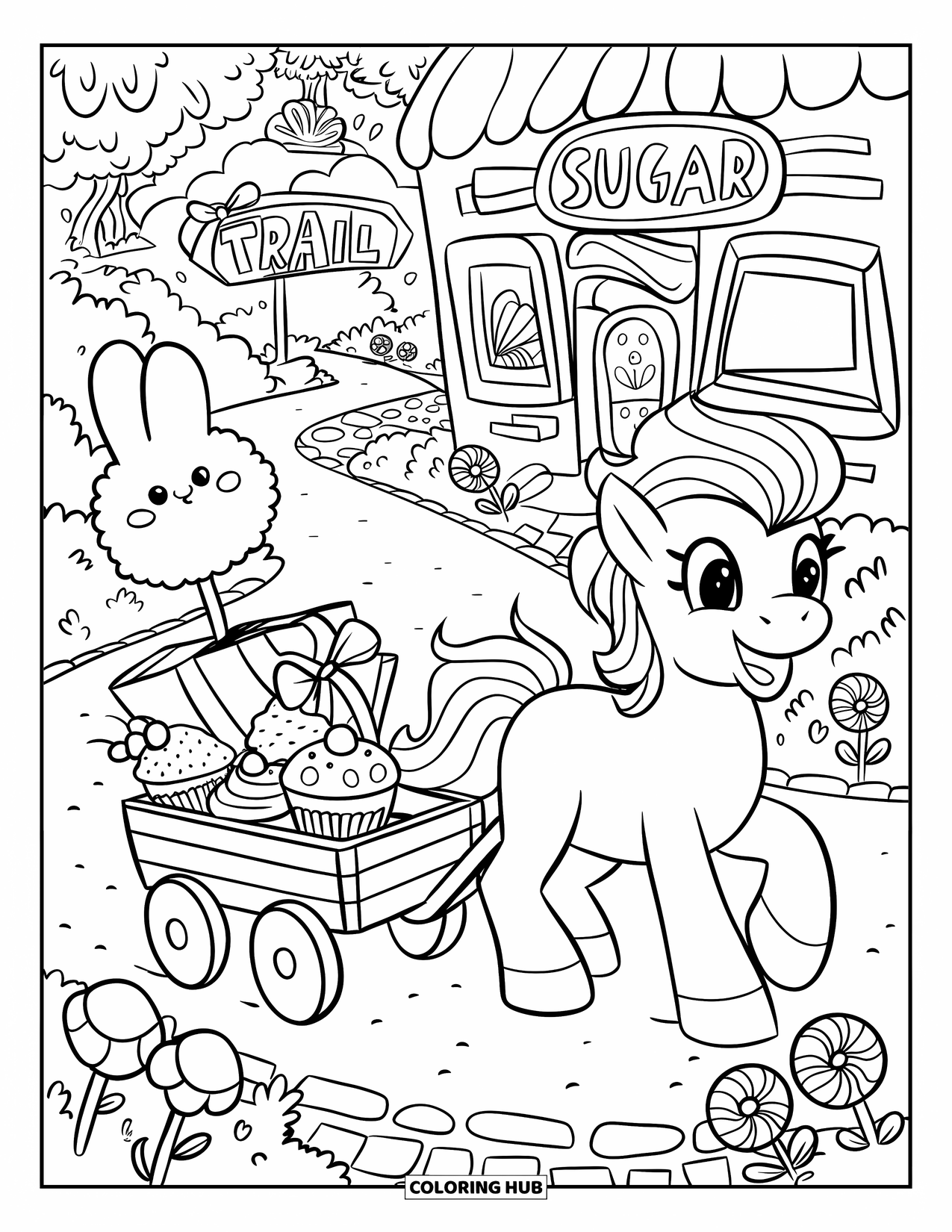 Coloriage de poney pour adultes : Un poney joyeux tire un wagon de friandises le long d’un chemin bordé de sucettes