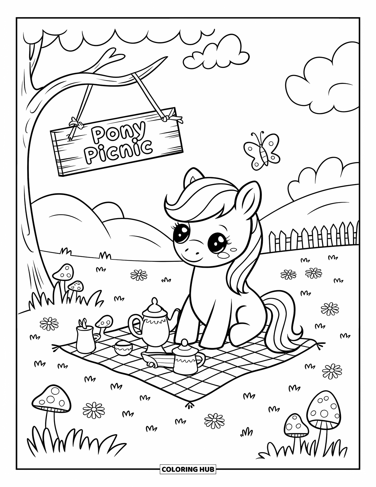 Coloriage de poney pour adultes : Une scène de pique-nique de poney confortable avec un papillon, un service à thé et un panneau « Pique-nique de poney »