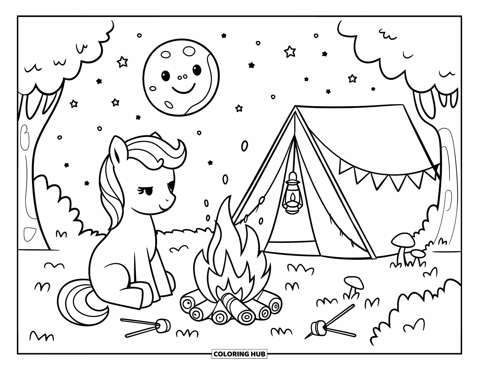 Coloriage de poney pour adultes : Une scène de poney confortable avec un feu de camp, des guimauves et une lune souriante au-dessus