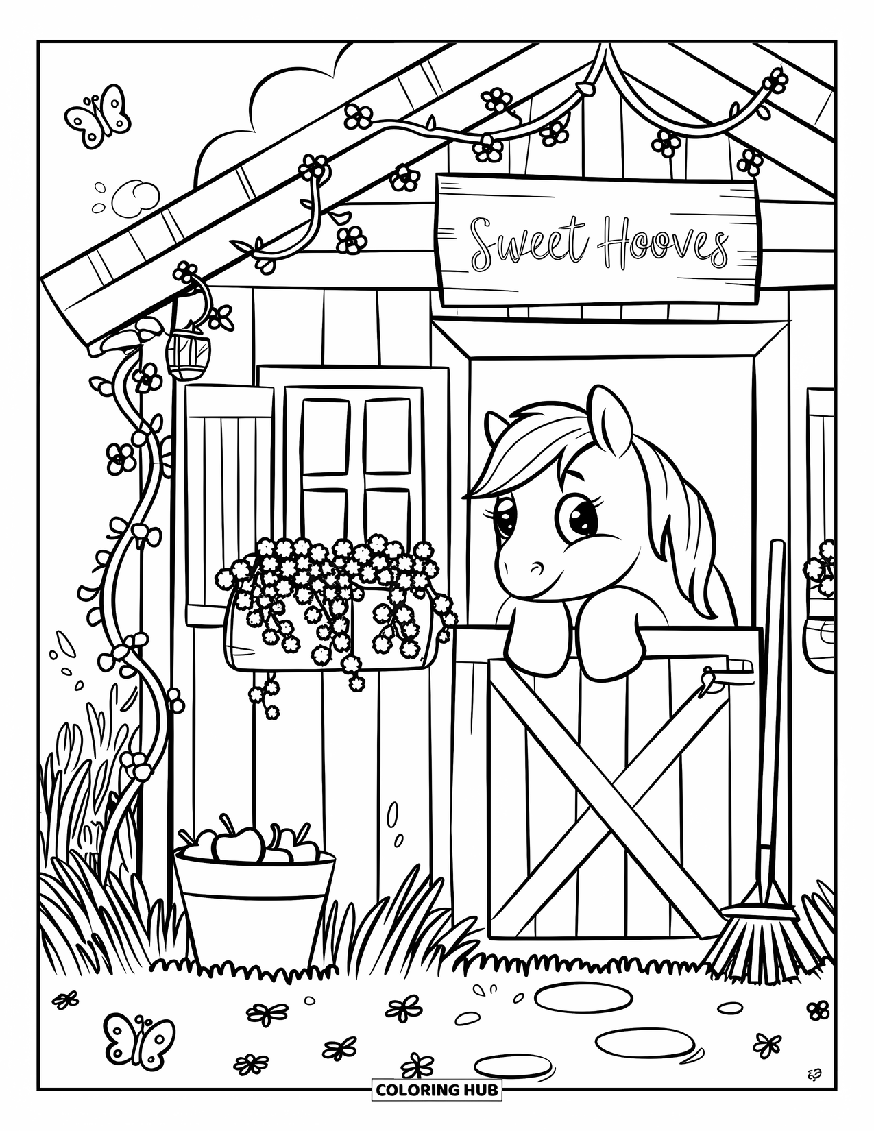 Coloriage de poney pour adultes : Une scène d’écurie confortable avec un poney à la fenêtre et un panneau qui dit « Sabots doux »