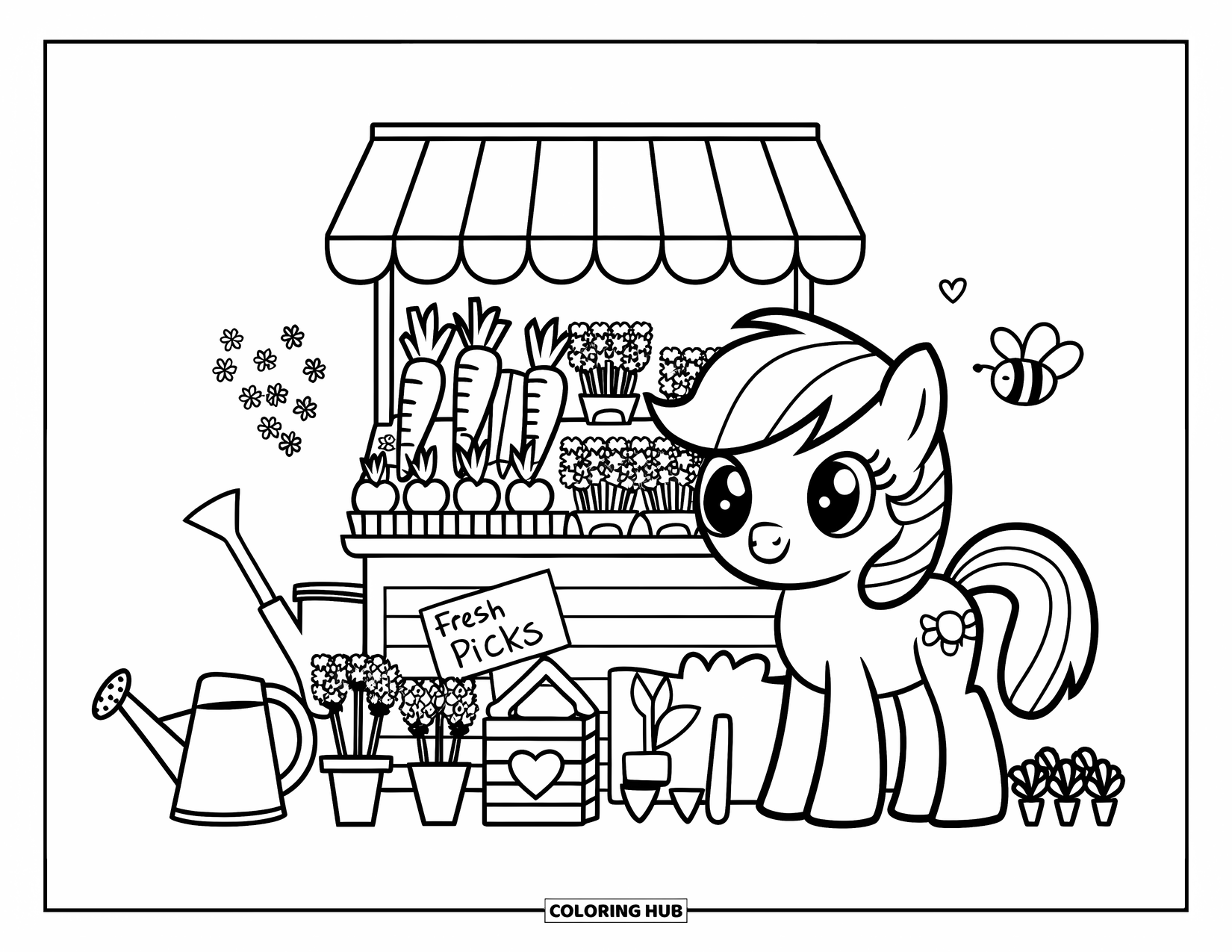 Coloriage de poney pour adultes : Un poney curieux se tient à côté d’un minuscule étal de marché de légumes et de fleurs