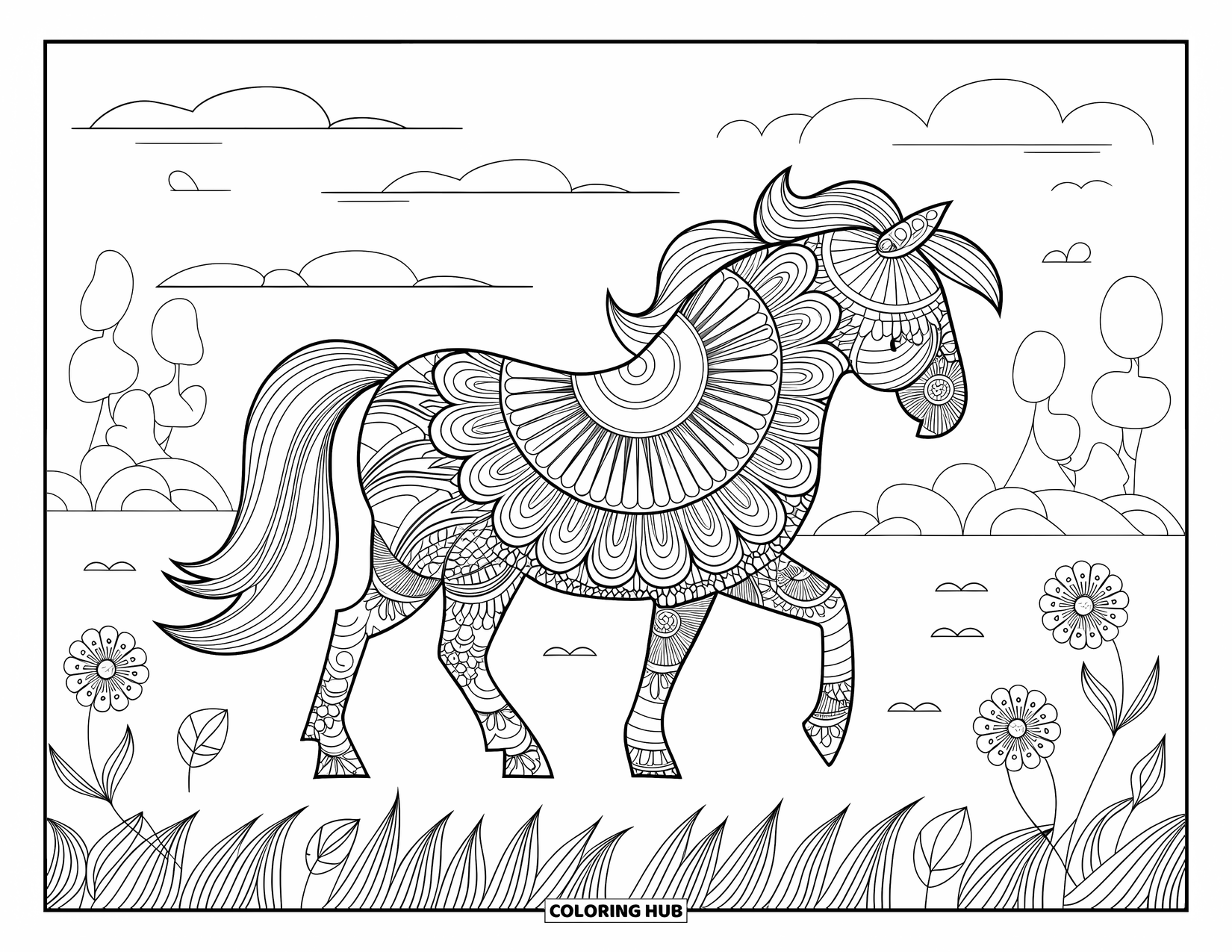 Coloriage de poney pour adultes : Un poney à motifs floraux marche dans un champ paisible avec des montagnes et des arbres
