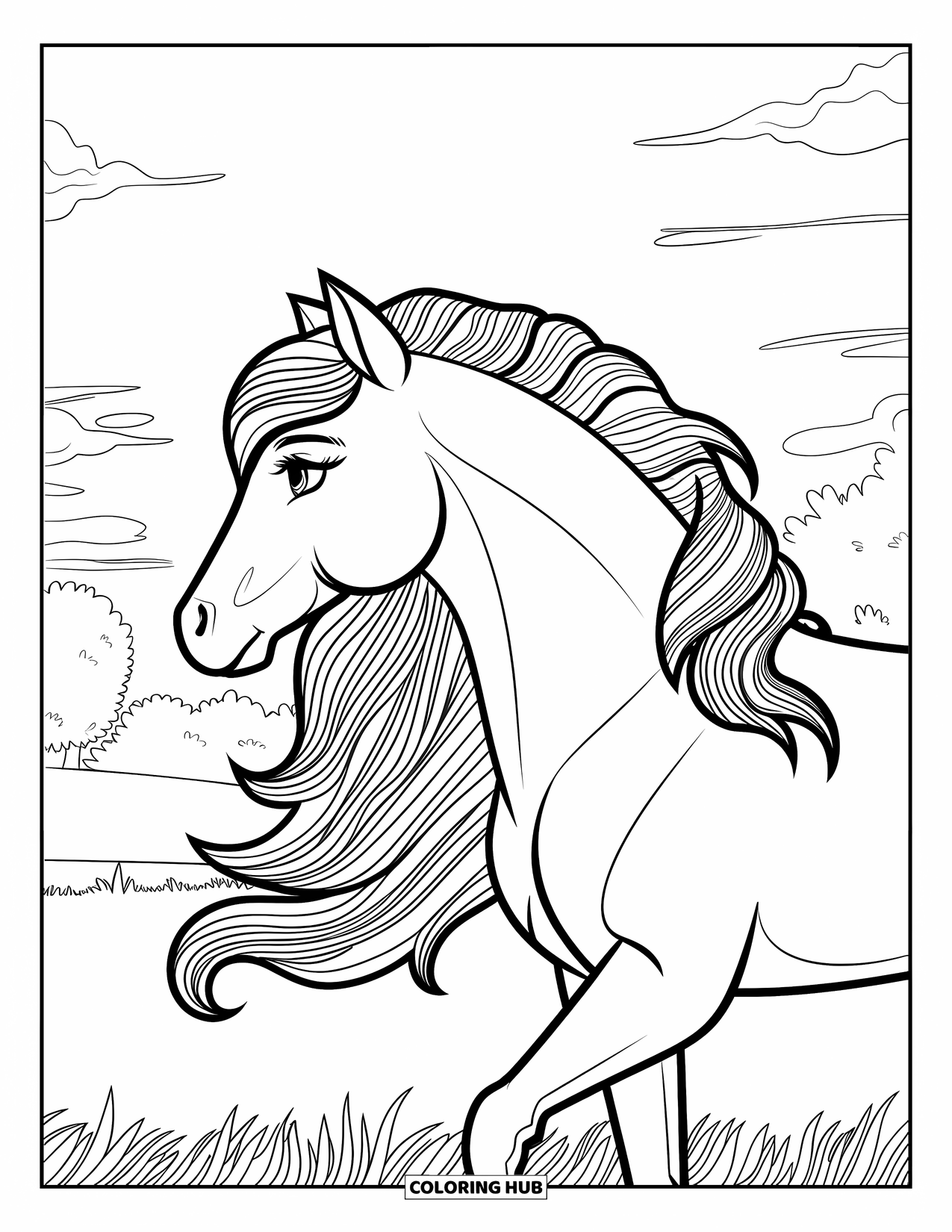 Coloriage de poney pour adultes : Un poney gracieux se tient dans un champ avec une crinière tourbillonnante et un ciel nuageux