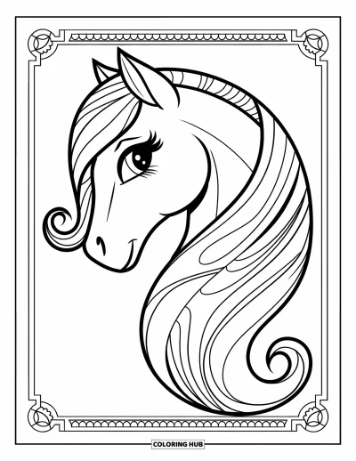 Coloriage de poney pour adultes : Un poney gracieux avec une crinière à motifs se tient de profil avec une bordure décorative