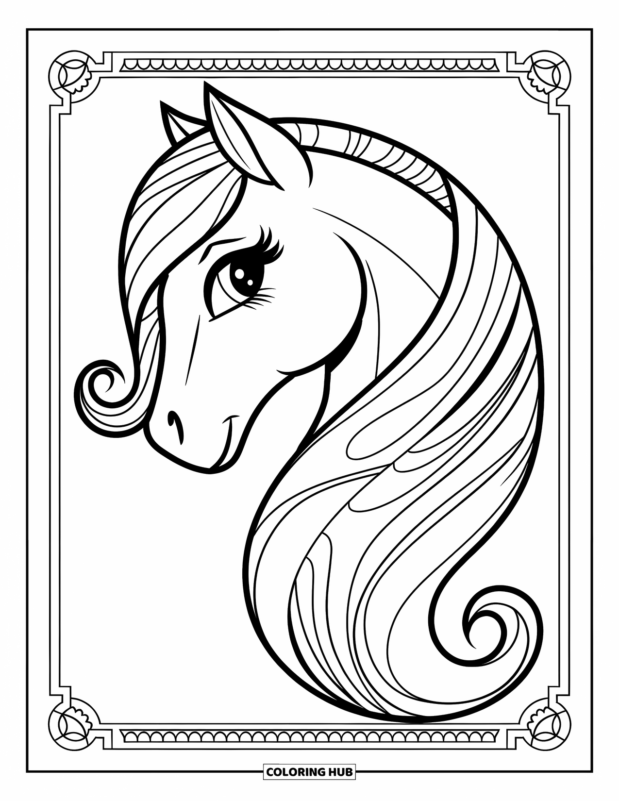 Coloriage de poney pour adultes : Un poney gracieux avec une crinière à motifs se tient de profil avec une bordure décorative