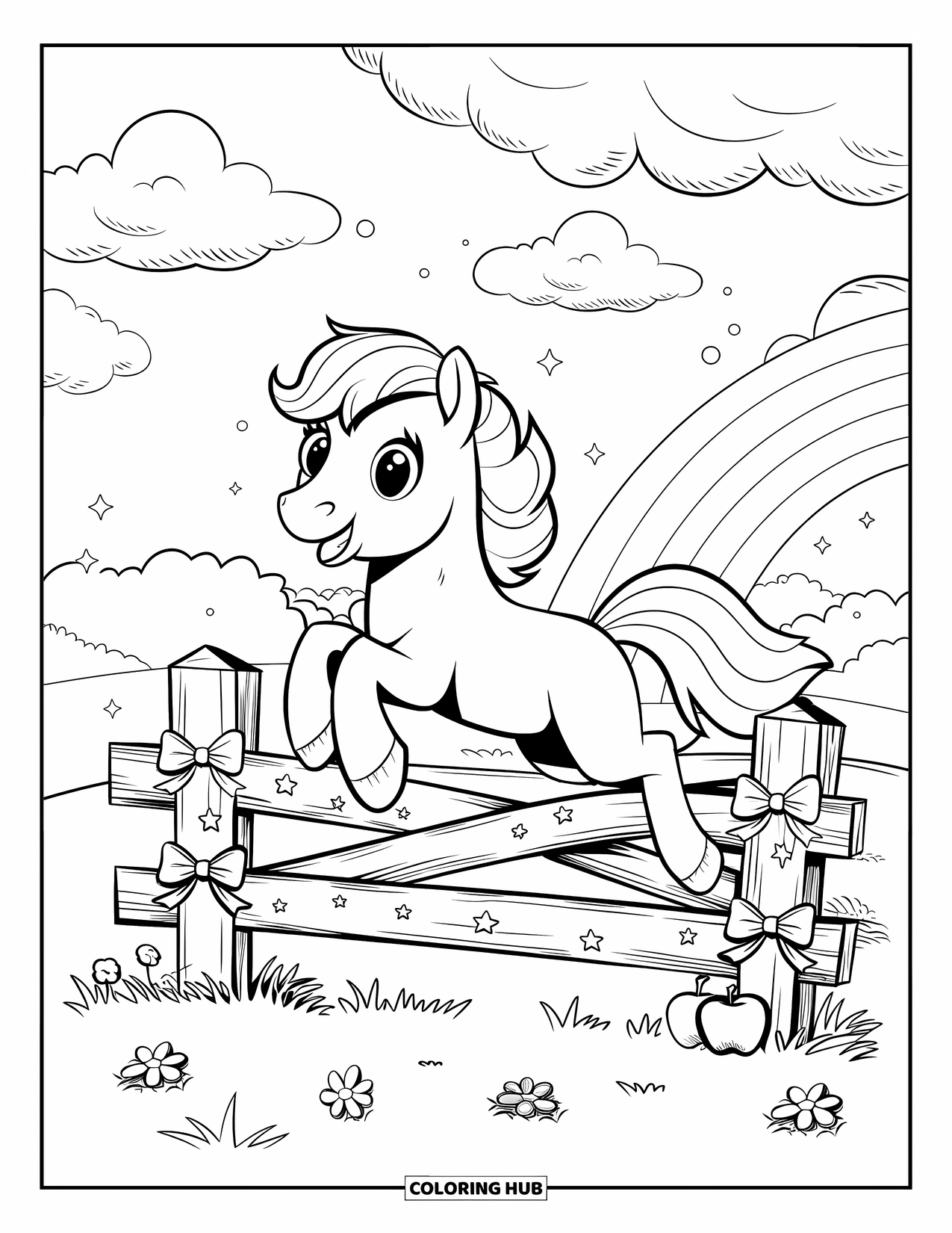 Coloriage de poney pour adultes : Un poney joyeux saute par-dessus une clôture décorée avec un ciel rêveur et un arc-en-ciel