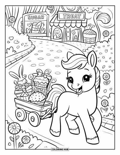 Coloriage de poney pour adultes : Un poney joyeux tire un chariot rempli de bonbons devant des panneaux de bonbons et des sucettes