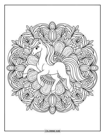Coloriage de poney pour adultes : Un poney majestueux est encadré par des couches de tourbillons floraux dans un mandala circulaire