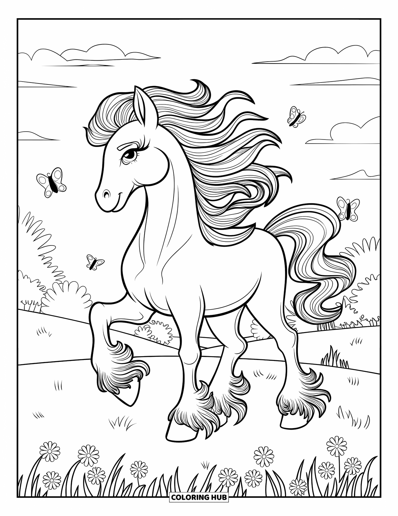 Coloriage de poney pour adultes : Un poney majestueux se tient parmi les fleurs et les papillons dans un champ ouvert et tranquille