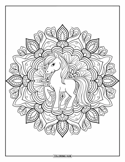 Coloriage de poney pour adultes : Un poney majestueux se tient au centre d’un motif de mandala floral