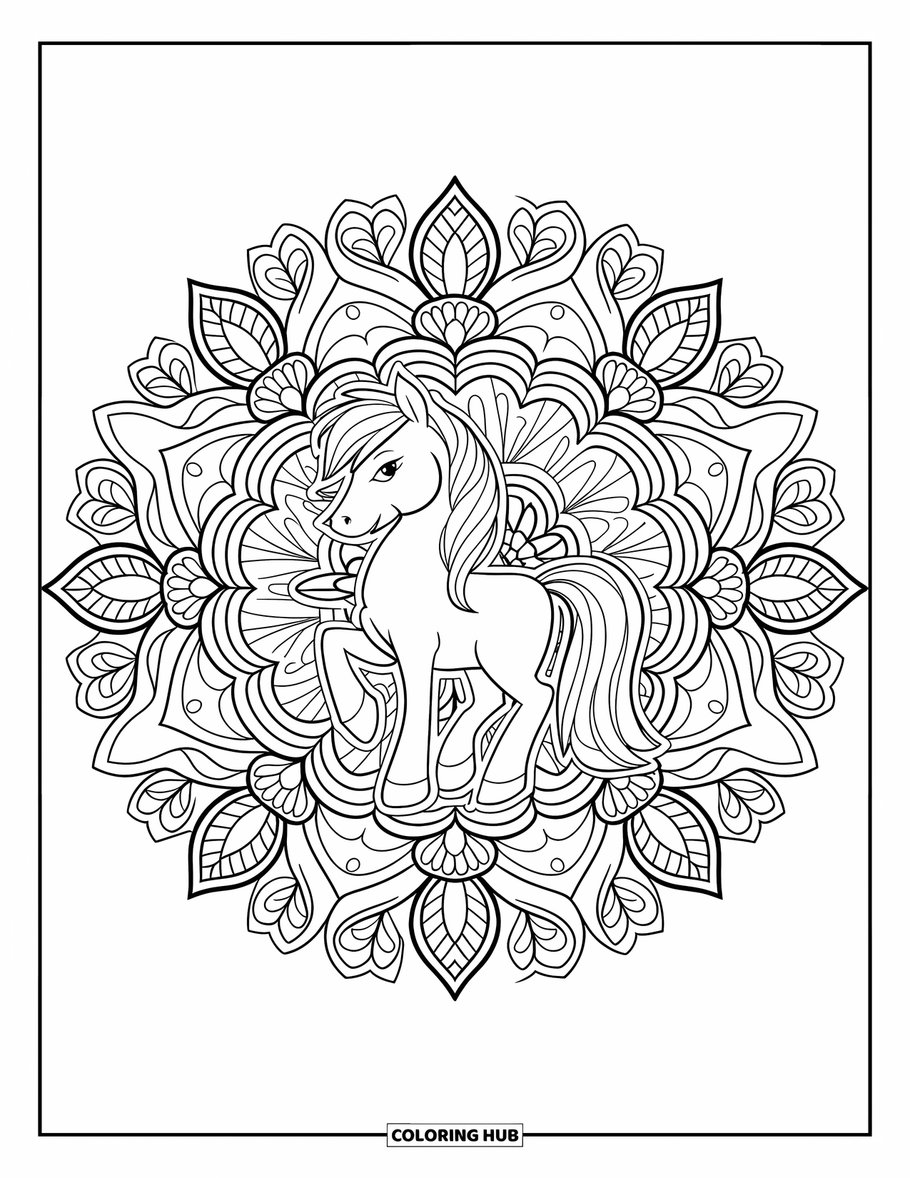 Coloriage de poney pour adultes : Un poney majestueux se tient au centre d’un motif de mandala floral