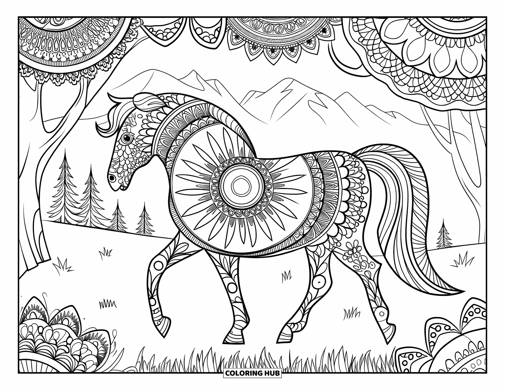 Coloriage de poney pour adultes : Un poney de style mandala marche sur un chemin herbeux avec une vue panoramique sur la montagne