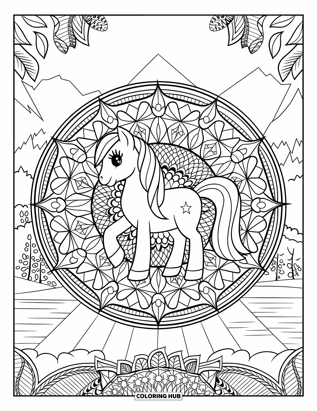 Coloriage de poney pour adultes : Un poney à motifs se tient dans un mandala circulaire avec une scène de montagne derrière