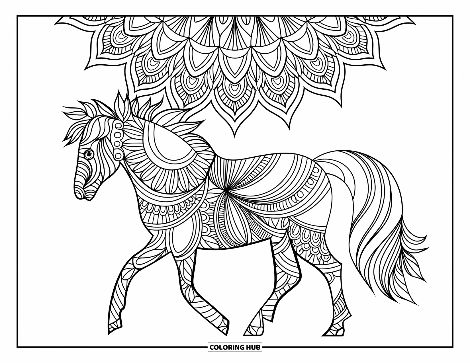 Coloriage de poney pour adultes : Un poney à motifs marche à travers un champ encadré par des motifs de mandala détaillés