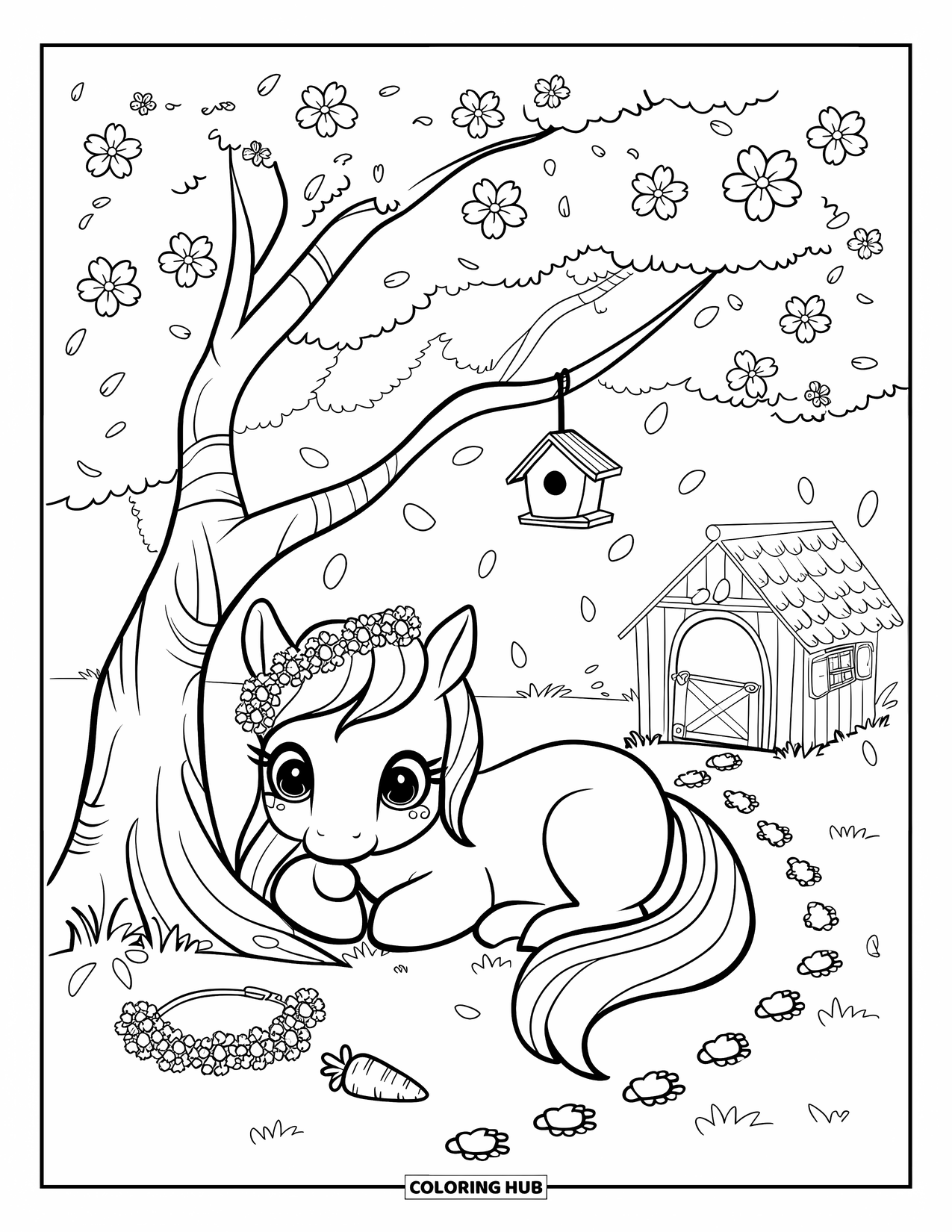 Coloriage de poney pour adultes : Un poney paisible se blottit sous un cerisier avec des pétales et un petit nichoir