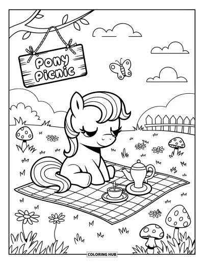 Coloriage de poney pour adultes : Un poney paisible est assis sur une couverture de pique-nique dans une prairie remplie de marguerites