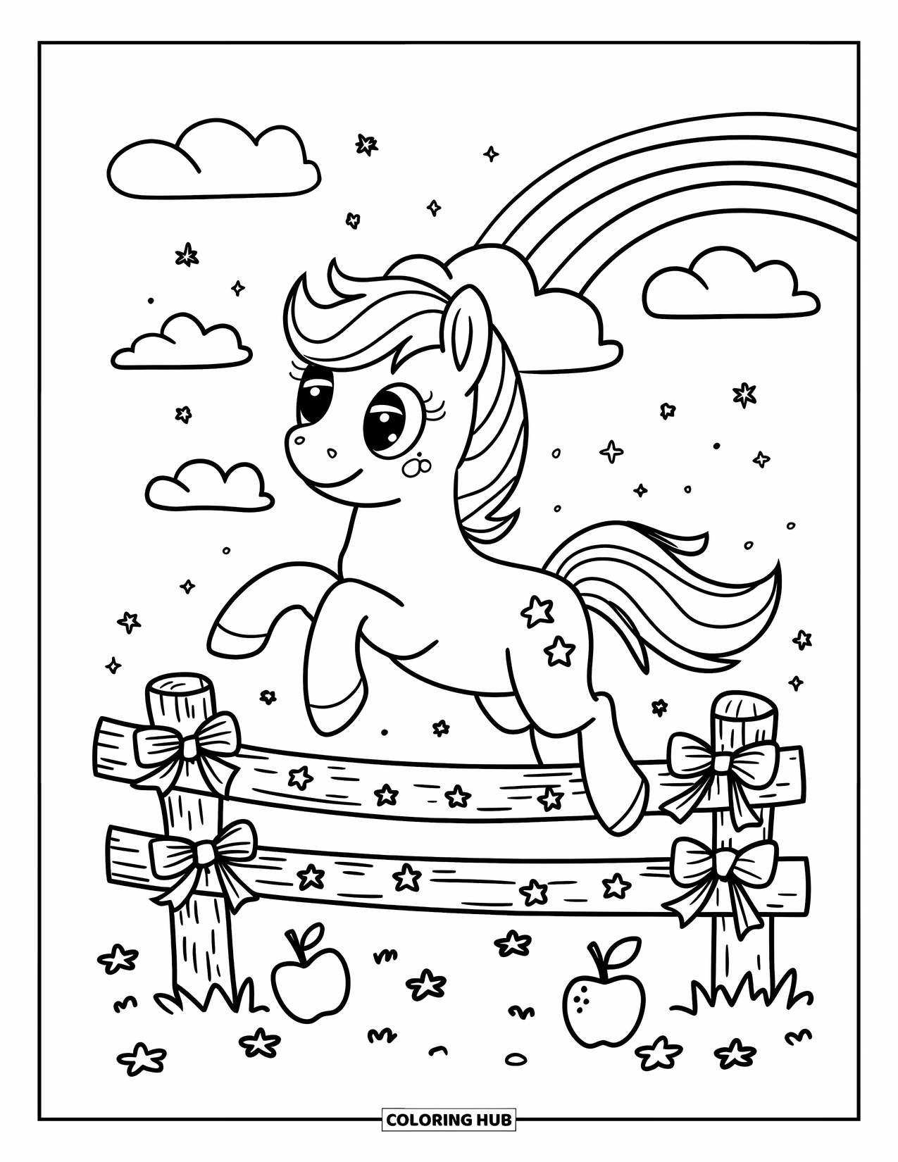 Coloriage de poney pour adultes : Un poney joueur bondit sous des nuages gonflés et un arc-en-ciel près d’une clôture scintillante