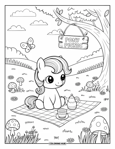 Coloriage de poney pour adultes : Un poney profite d’un goûter dans une prairie avec des marguerites, des champignons et un papillon