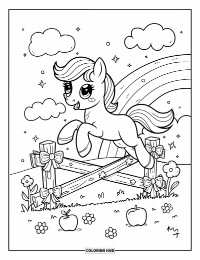 Coloriage de poney pour adultes : Un poney saute par-dessus une clôture tandis que des étincelles flottent et que des pommes reposent sur l’herbe