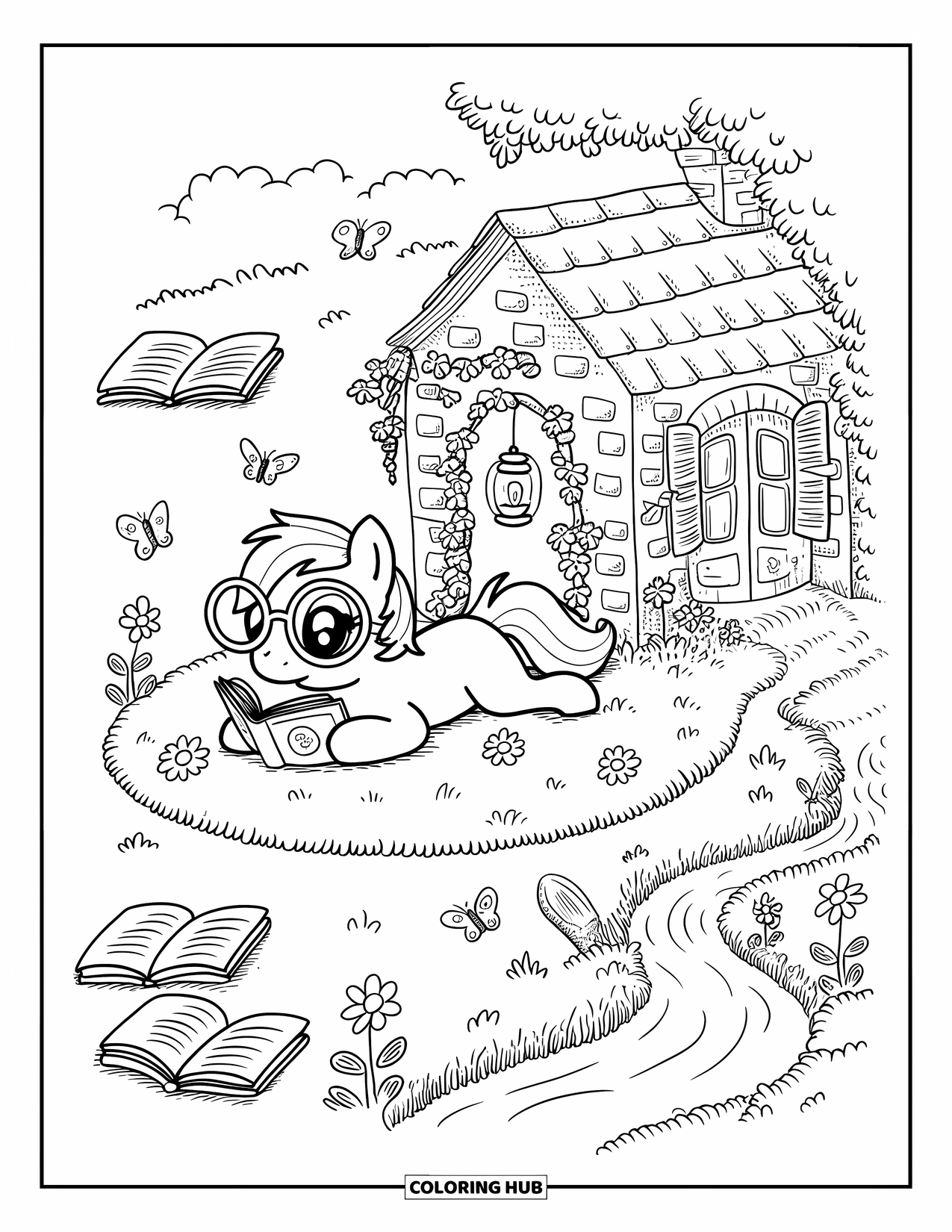 Coloriage de poney pour adultes : Un poney se prélasse près d’un cottage, lisant avec des papillons et des livres tout autour