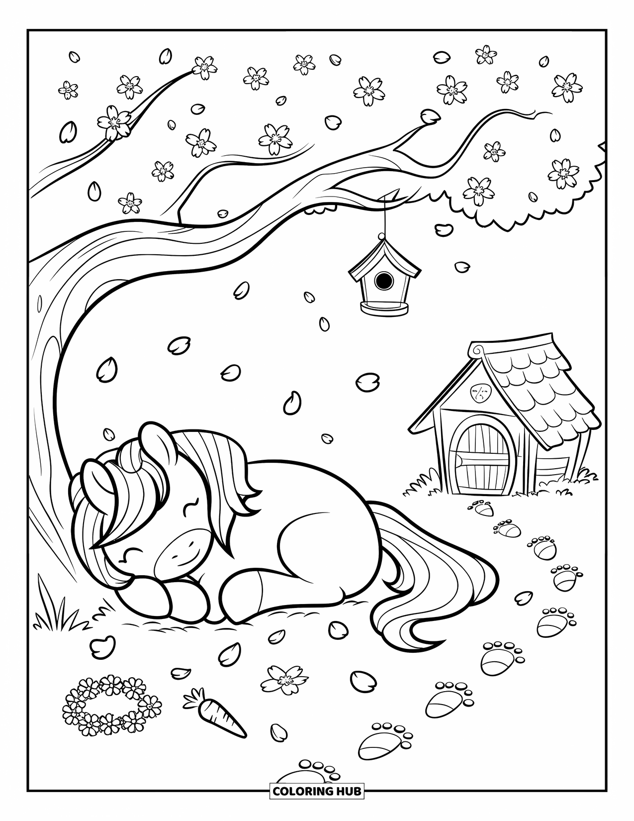 Coloriage de poney pour adultes : Un poney fait la sieste sous un cerisier en fleurs près d’un sentier d’écurie confortable