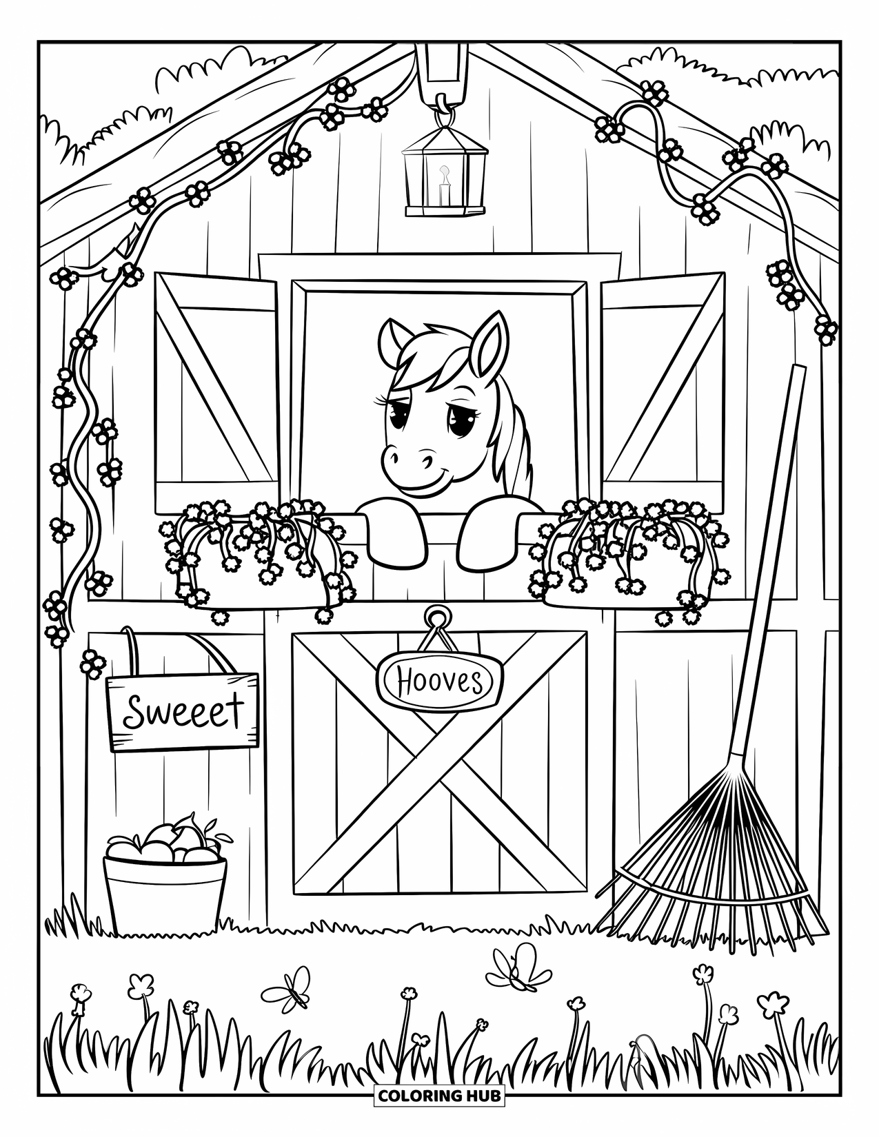 Coloriage de poney pour adultes : Un poney jette un coup d’œil par la fenêtre d’une écurie confortable entourée de fleurs et de hautes herbes