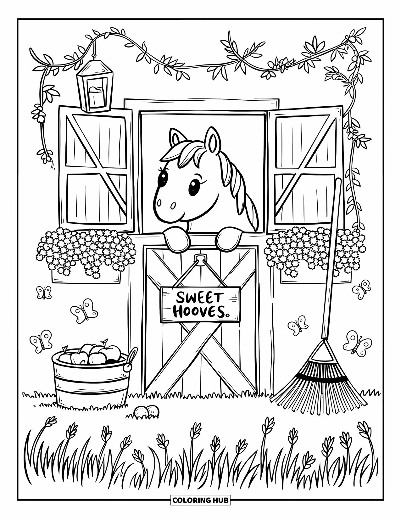 Coloriage de poney pour adultes : Un poney jette un coup d’œil par la fenêtre d’une écurie avec des lanternes, des vignes et des papillons autour
