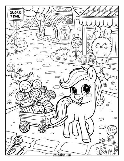Coloriage de poney pour adultes : Un poney tire un wagon rempli de friandises devant des panneaux indiquant « Sugar Trail » et « Treat Stop »