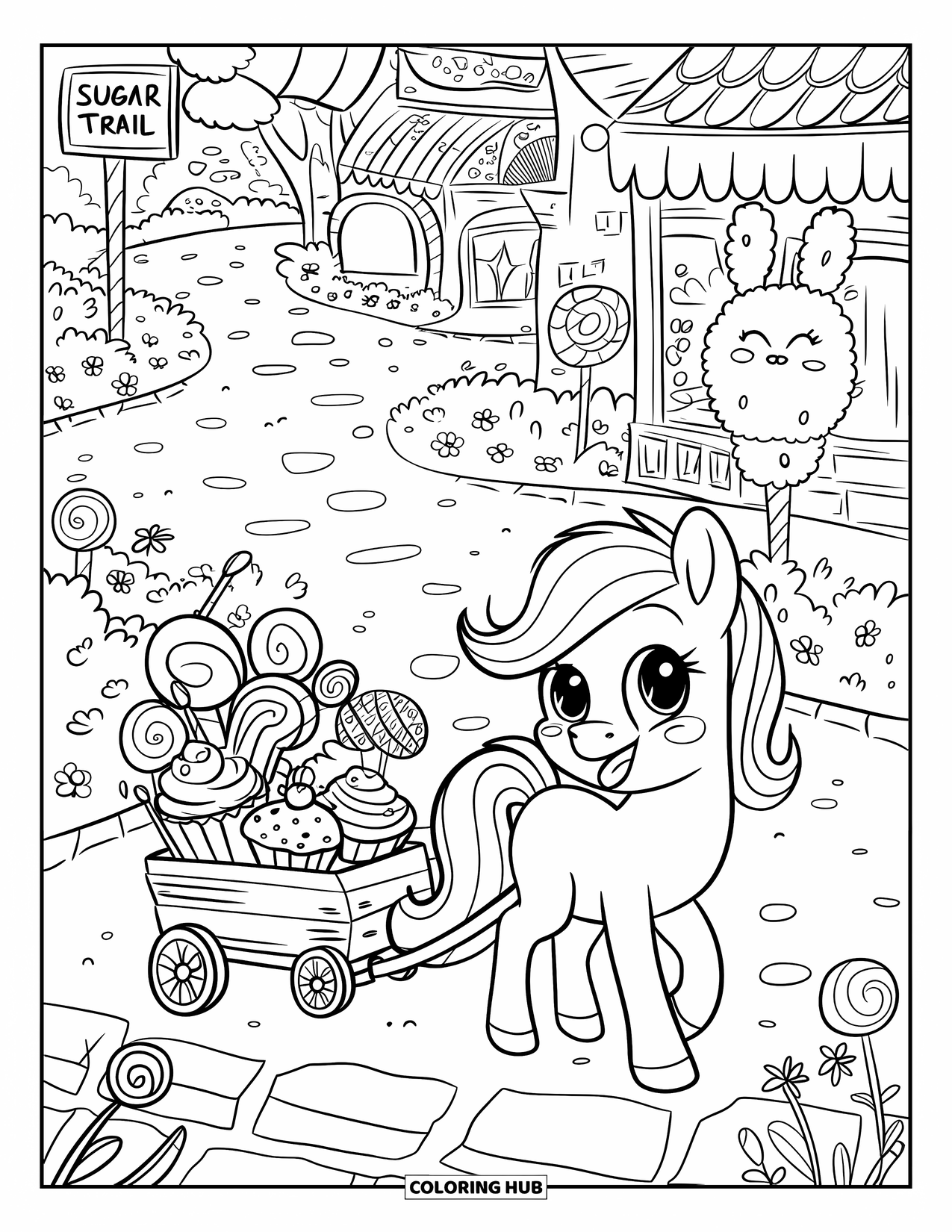 Coloriage de poney pour adultes : Un poney tire un wagon rempli de friandises devant des panneaux indiquant « Sugar Trail » et « Treat Stop »