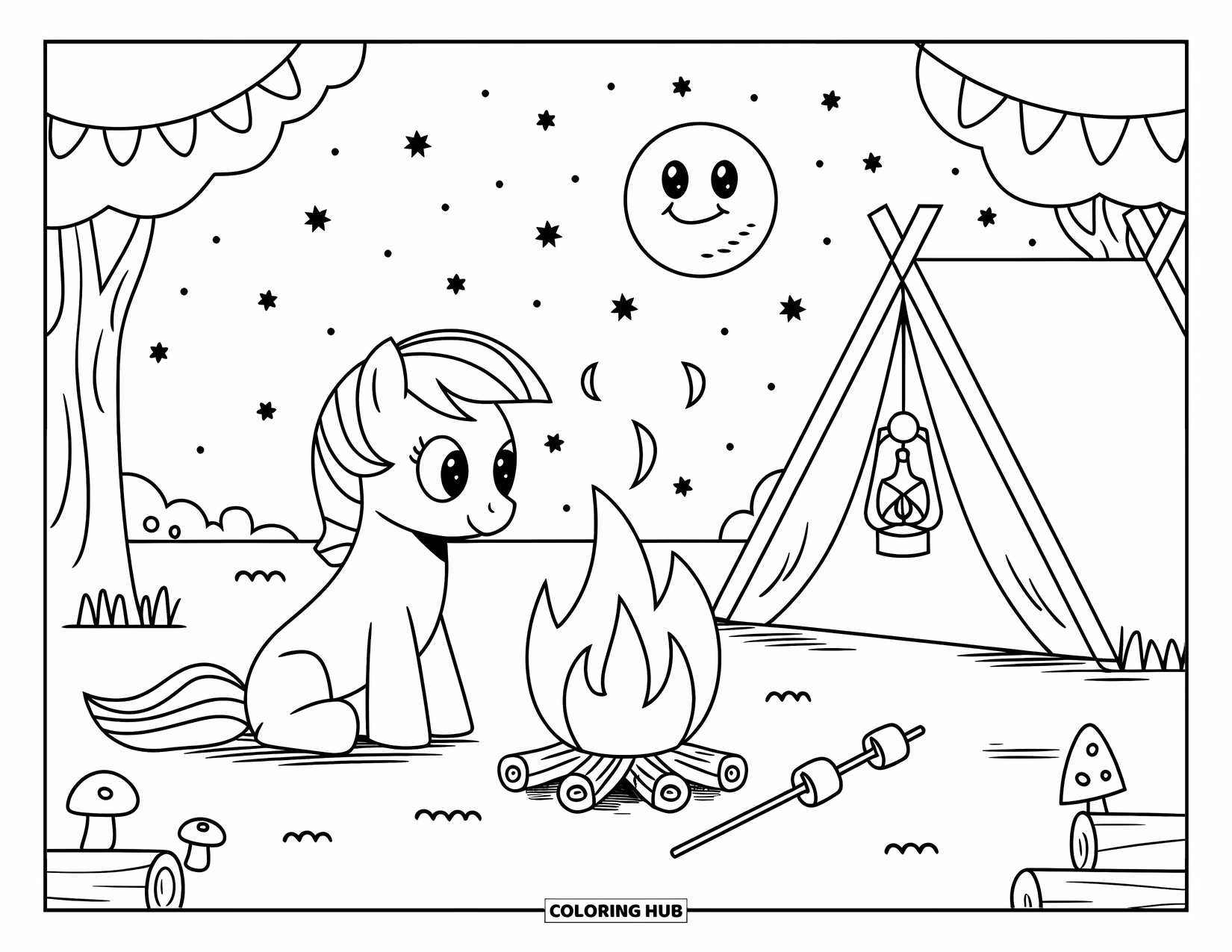 Coloriage de poney pour adultes : Un poney se détend près d’un feu de camp confortable avec des guimauves et une tente lumineuse