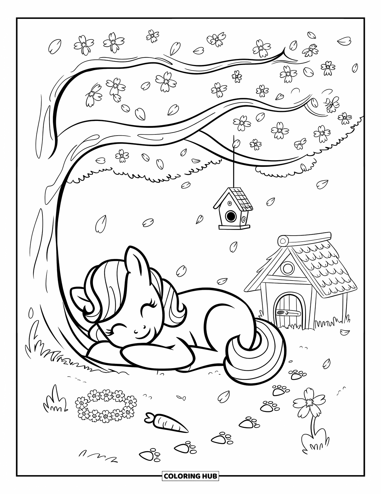Coloriage de poney pour adultes : Un poney se repose sous des fleurs de cerisier avec une couronne, une carotte et des empreintes d’écurie à proximité