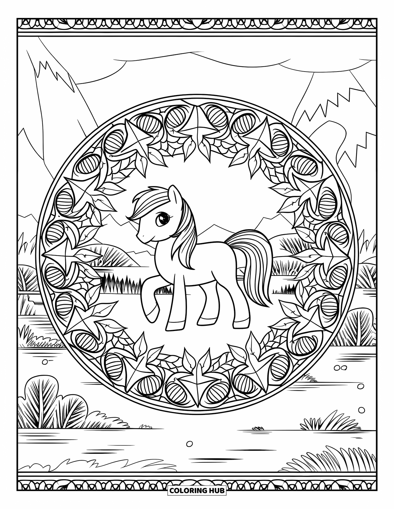 Coloriage de poney pour adultes : Un poney se tient dans un mandala étoilé et feuillu avec une nature paisible en arrière-plan