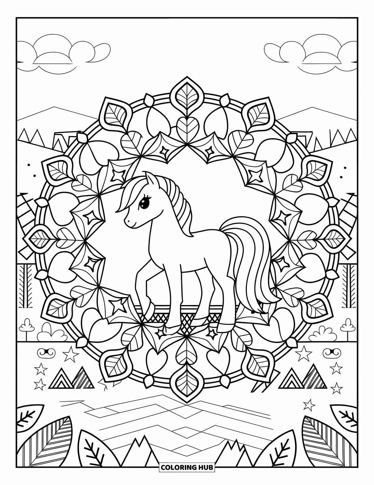 Coloriage de poney pour adultes : Un poney se tient au centre d’un mandala rond fait d’étoiles et de feuilles