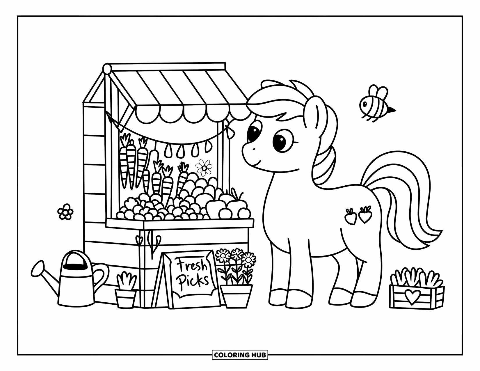 Coloriage de poney pour adultes : Un poney se tient près d’un joli étal rempli de légumes, de fleurs et de produits de jardinage