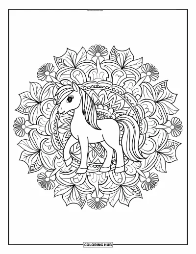 Coloriage de poney pour adultes : Un poney se tient dans un mandala feuillu sur un fond blanc propre