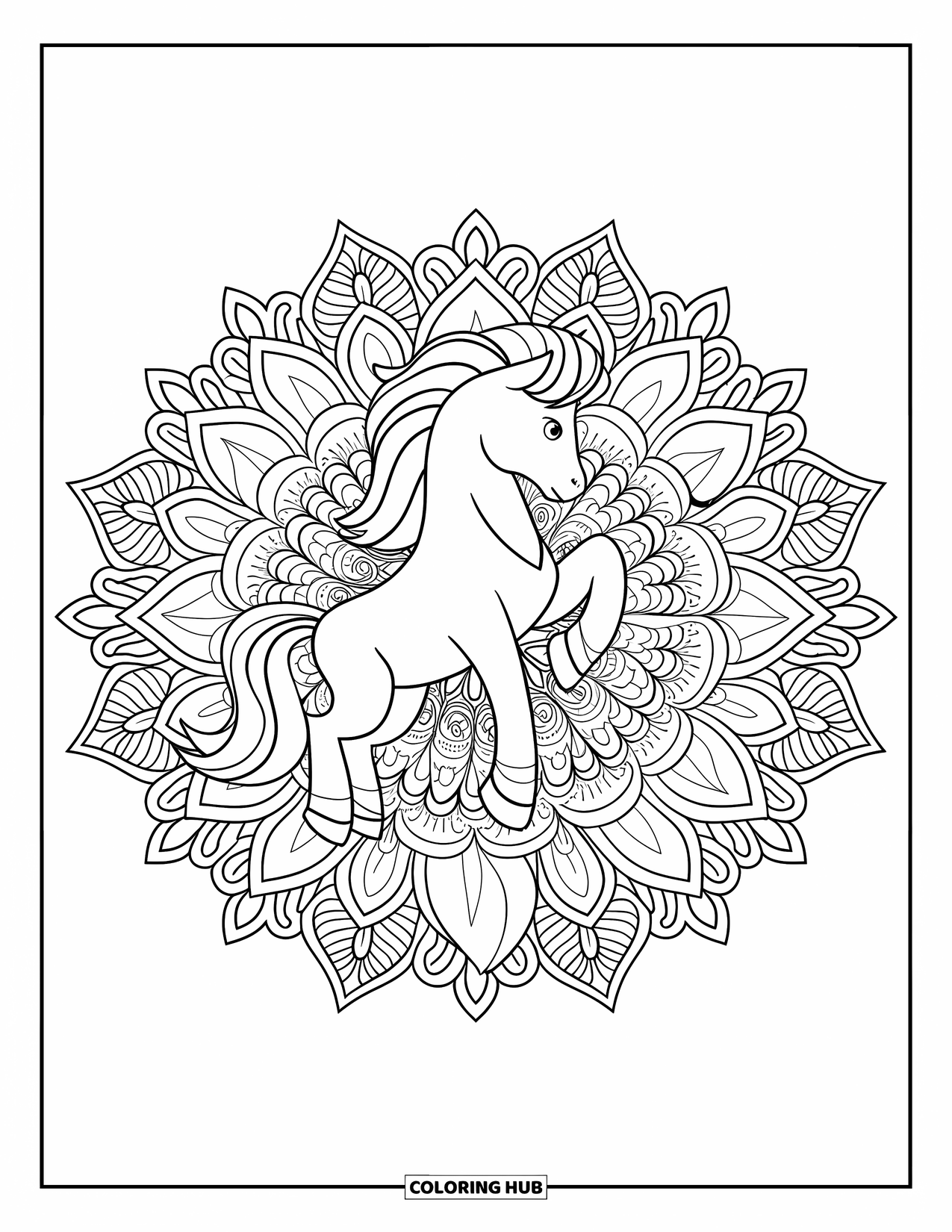 Coloriage de poney pour adultes : Un poney avec une crinière noire se tient dans un mandala détaillé de fleurs et de feuilles