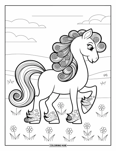 Coloriage de poney pour adultes : Un poney avec une crinière noire se tient dans un champ de fleurs sous un ciel clair