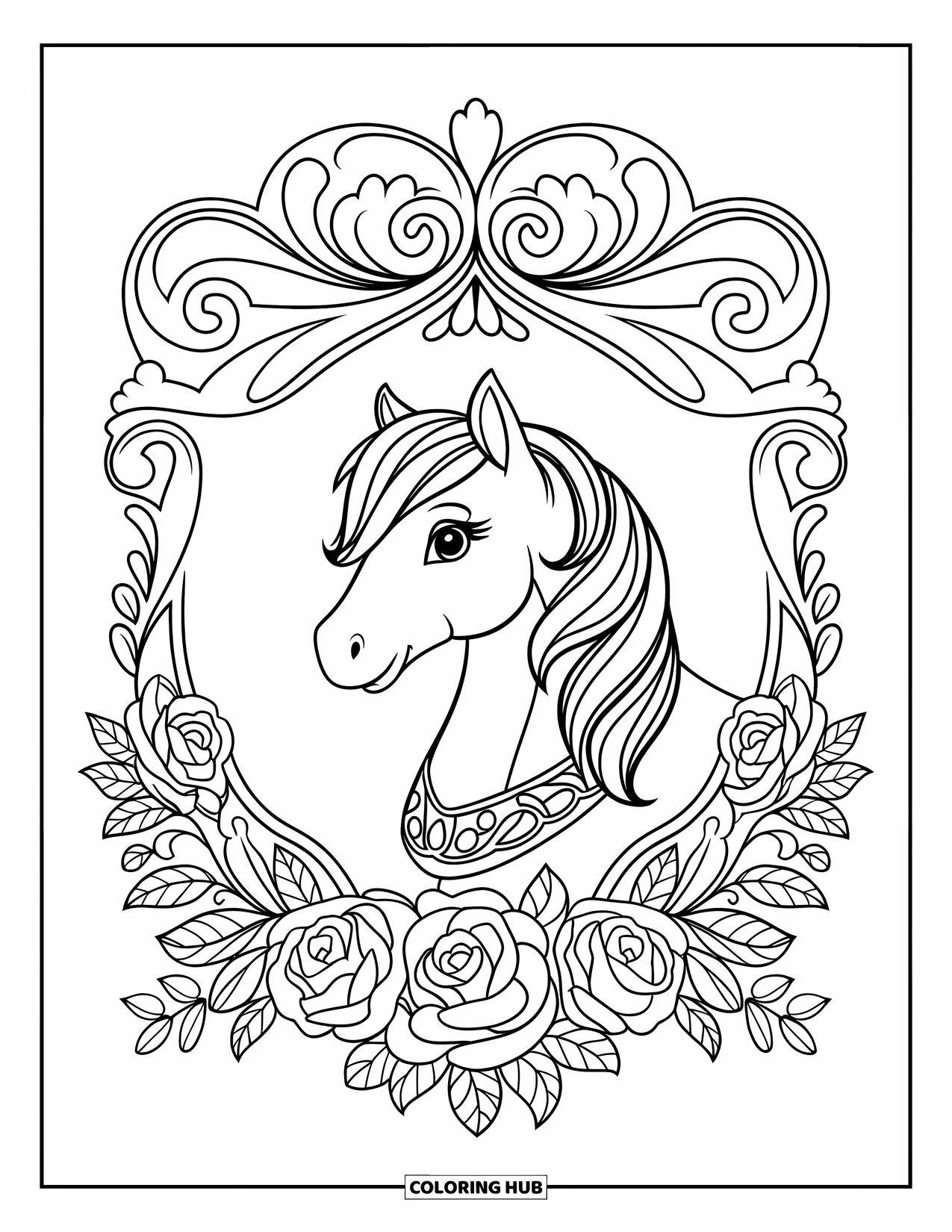 Coloriage de poney pour adultes : Un poney avec un collier est encadré par des roses, des vignes et des détails tourbillonnants