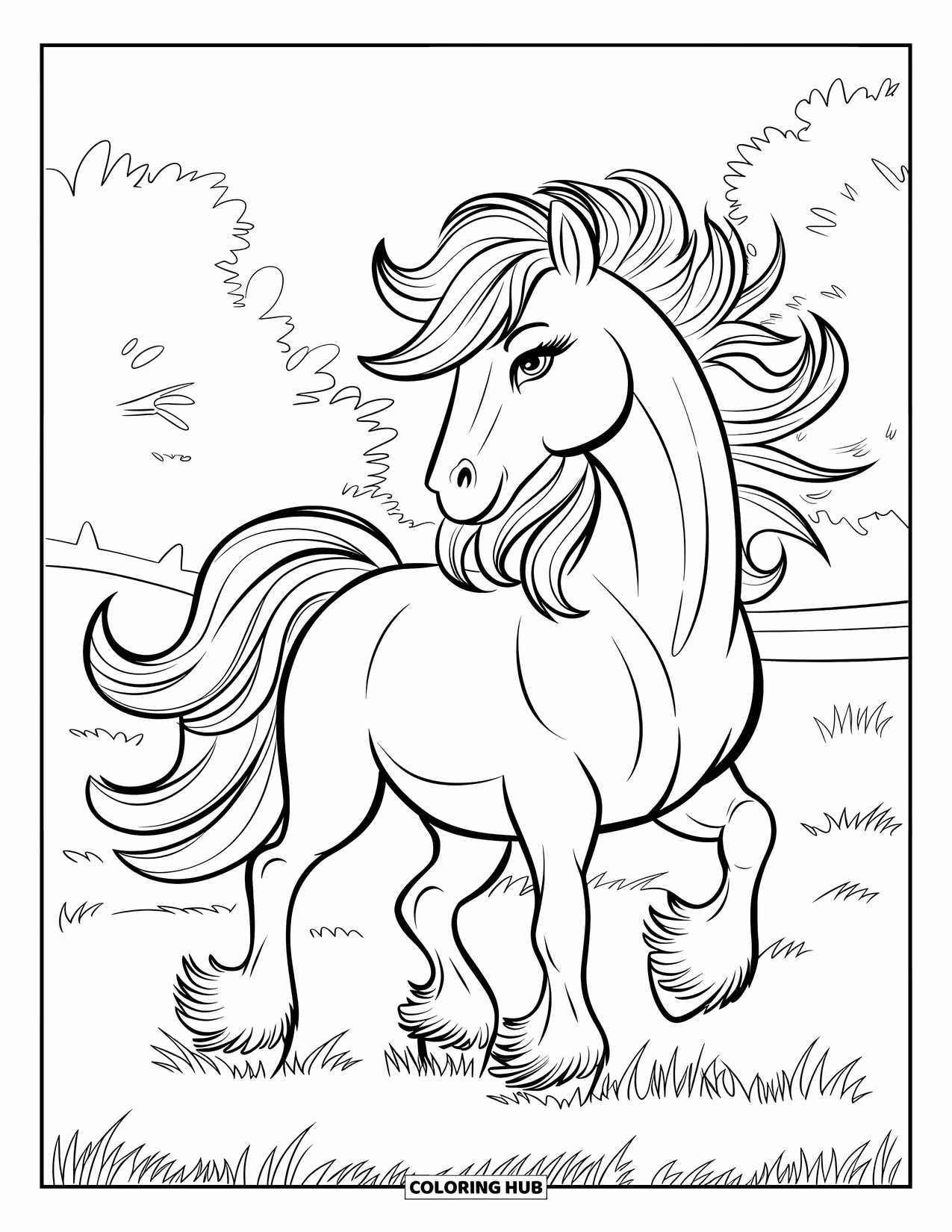 Coloriage de poney pour adultes : Un poney avec une crinière abstraite se tient sur un champ herbeux avec des arbres derrière