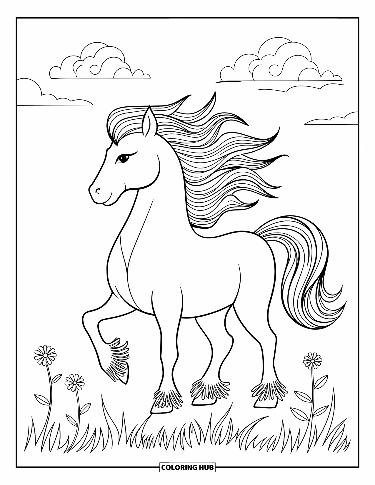 Coloriage de poney pour adultes : Un poney avec des lignes fluides se tient dans un champ paisible avec des fleurs sauvages
