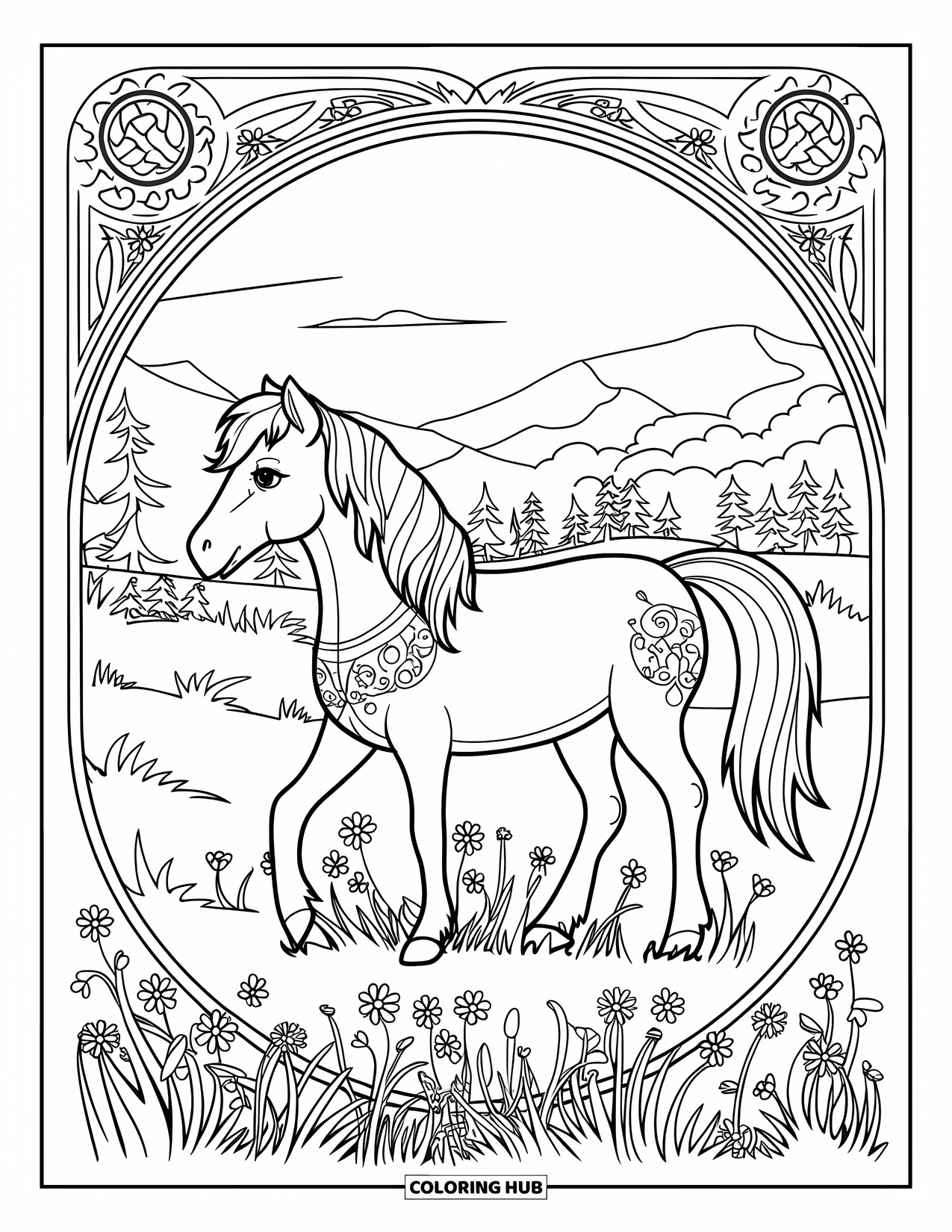 Coloriage de poney pour adultes : Un poney avec des motifs ornés se tient dans une prairie avec des montagnes et le ciel