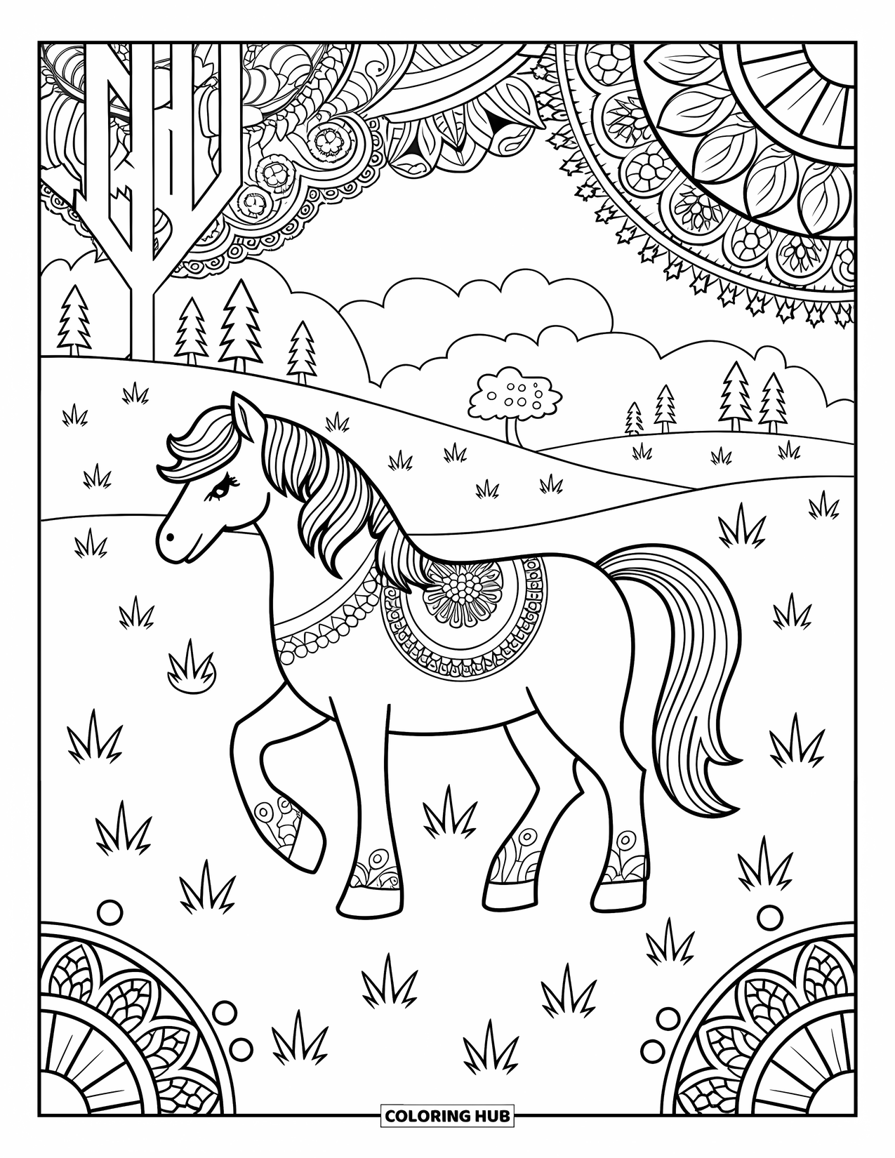Coloriage de poney pour adultes : Un poney avec des motifs se tient près d’une colline et d’arbres dans une prairie remplie de fleurs