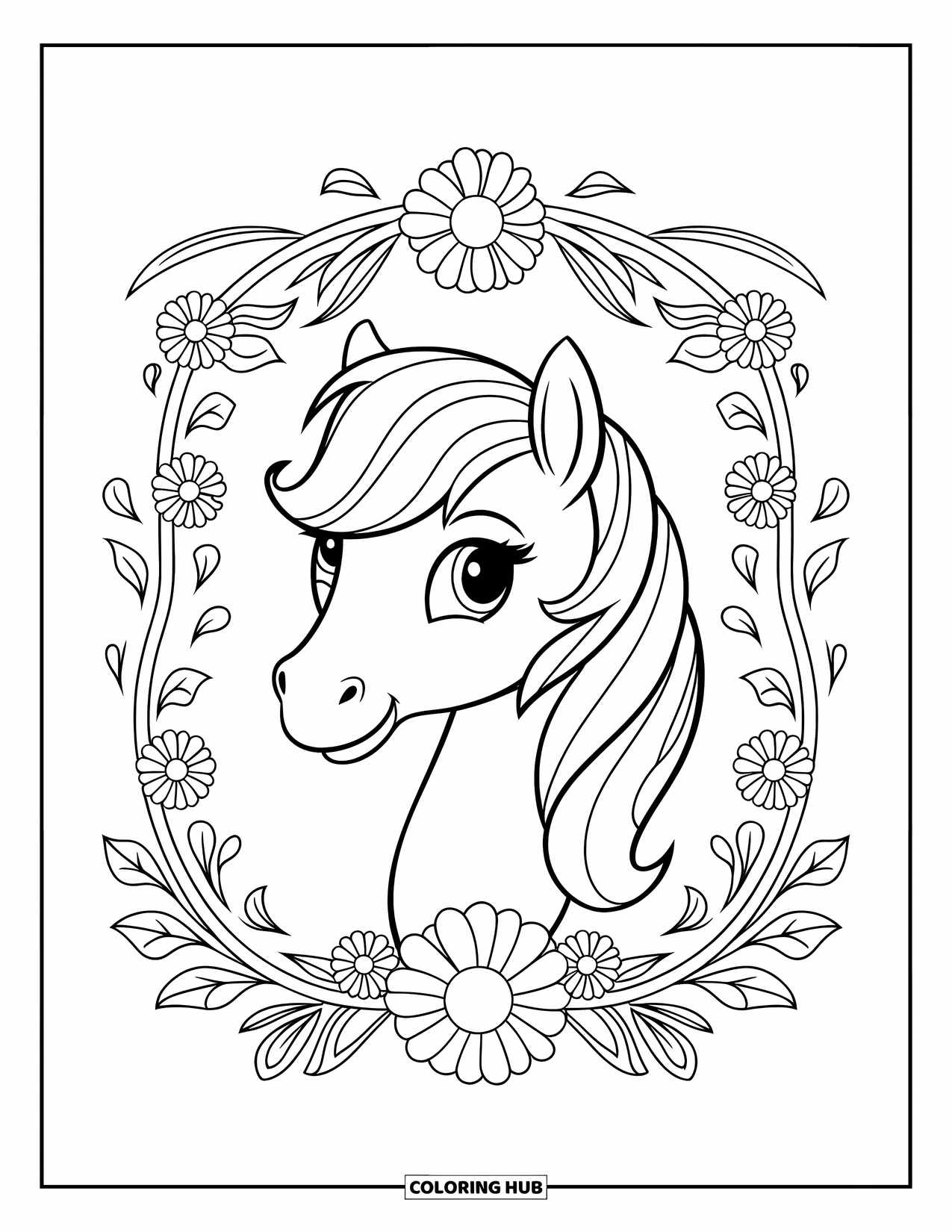 Coloriage de poney pour adultes : La tête d’un poney est encadrée par des fleurs, des feuilles et des tourbillons gracieux