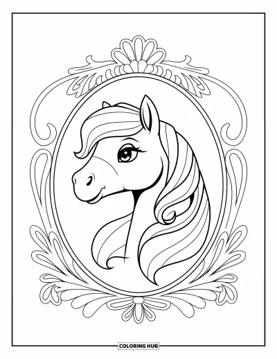 Coloriage de poney pour adultes : La tête d’un poney repose à l’intérieur d’un cadre décoratif de fleurs et de tourbillons