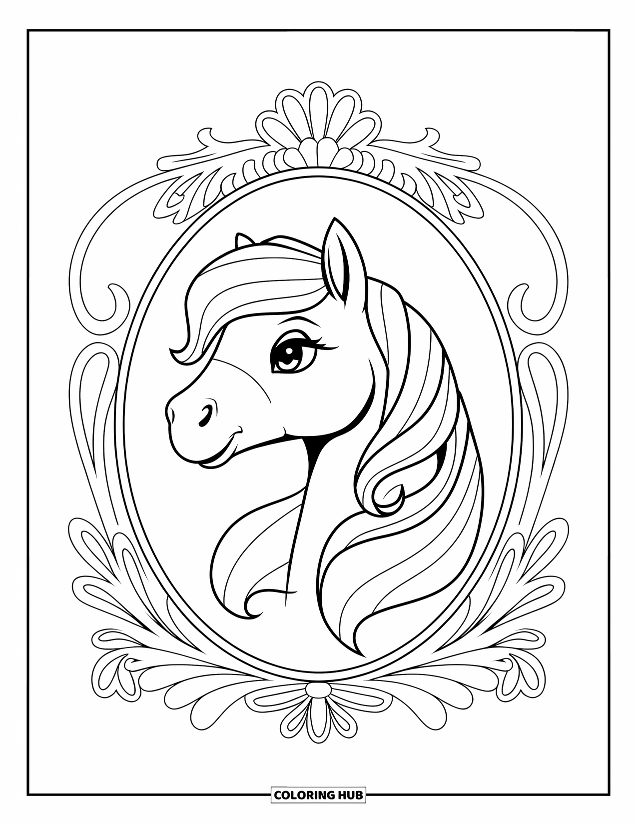 Coloriage de poney pour adultes : La tête d’un poney repose à l’intérieur d’un cadre décoratif de fleurs et de tourbillons