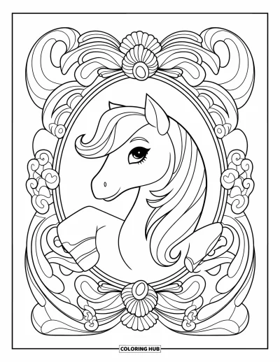 Coloriage de poney pour adultes : La tête d’un poney se trouve à l’intérieur d’un cadre floral rempli de tourbillons et de détails élégants